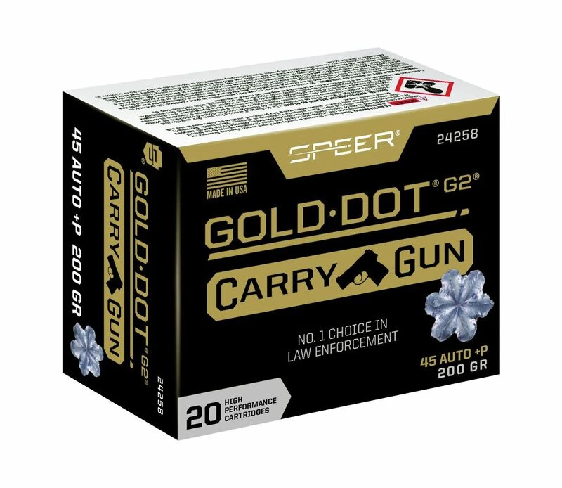 Speer Gold Dot Carry Gun .45 Auto +P 200gr G2 JHP Nickel Brass Ammo 20Rd