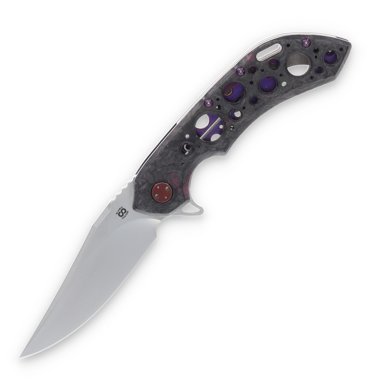 Olamic Wayfarer 247 Folding Knife T-046B Dark Matter FatCarbon Jeweled Purple with Acid Rain Cutouts