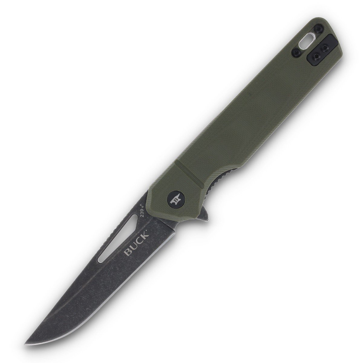 Buck Infusion OD Green 3.25 Inch Plain Black Stonewash Drop Point Open