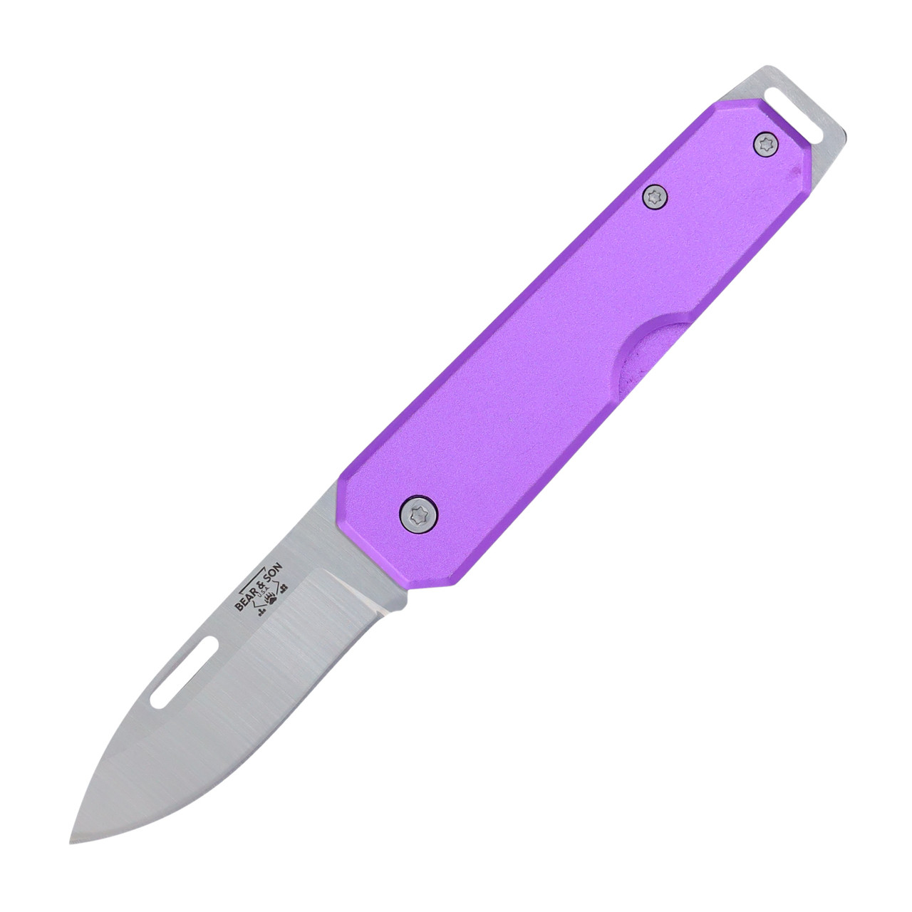Bear & Son Aluminum Slip Joint Folding Knife Purple Front Open 1