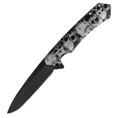 Case XX Kinzua Folding Knife S35VN Spear Point Black Anodized Aluminum Skull Handle Artwork