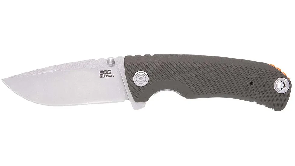 SOG Tellus ATK Olive Drab + Blaze Orange 3.5in Plain Stonewash Clip Point