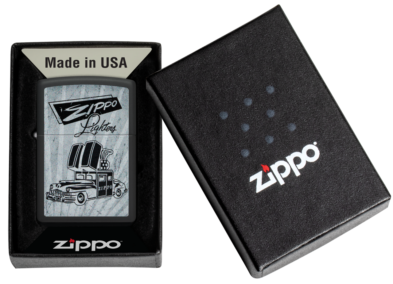 Zippo Lighter Classic Logo Car Ad Design Black Matte