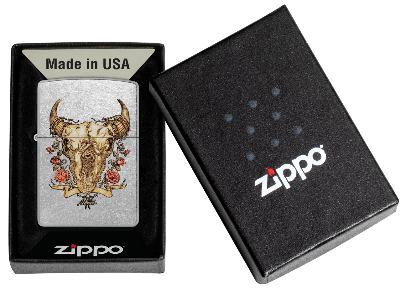 Zippo Rick Rietveld Cow Skull and Roses Lighter. front in box
