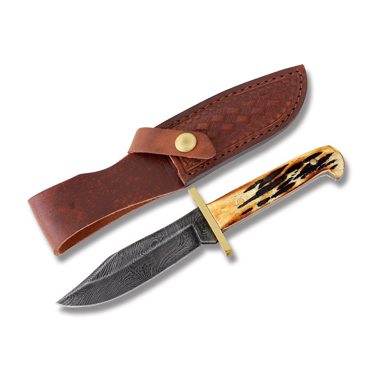 Bear & Son American Baby Bowie Fxd Blade India Stag Bone 3” Damascus Clp Pt BR500D5