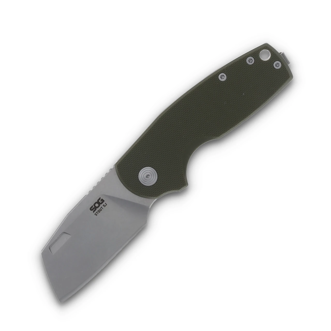 SOG Stout SJ Folding Knife OD Green 2.4 Inch Plain Stonewash Cleaver Front Open 1