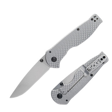 SOG Flash FL Folding Knife Silver SS Handle 3.44in Satin Drop Point Blade