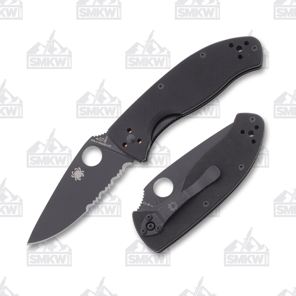Spyderco Tenacious Folding Knife 3.39in Partially Serrated Black Leaf Open and Closed