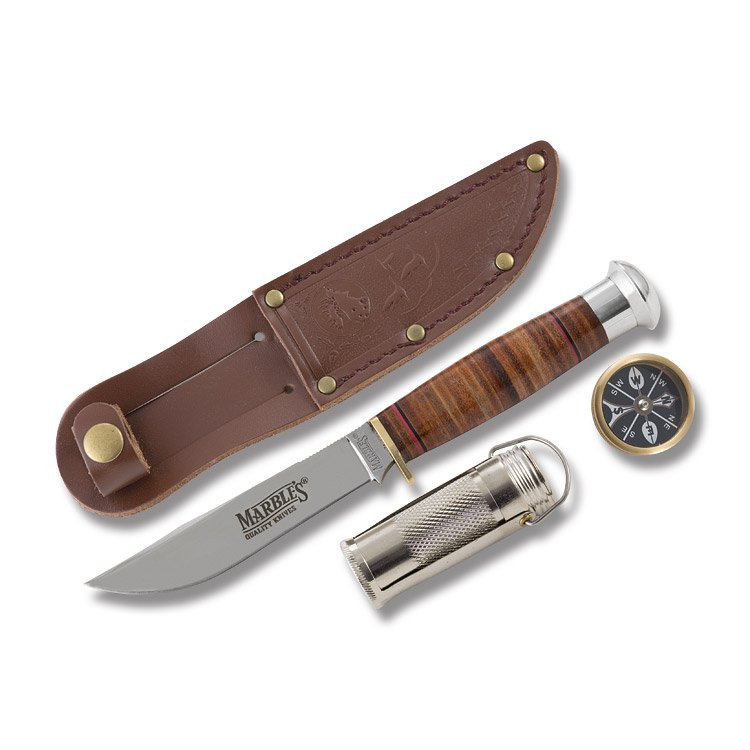 Marble's Stacked Leather Hunter Fixed Blade Knife with Survival