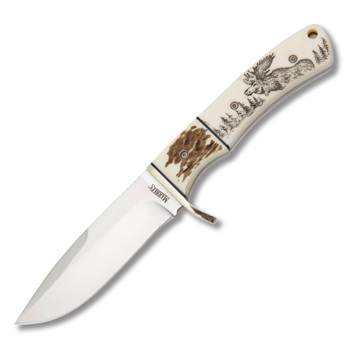 Marbles MR440 Moose Scrimshaw Stag Bone 3.25in Drop Point Fixed Blade
