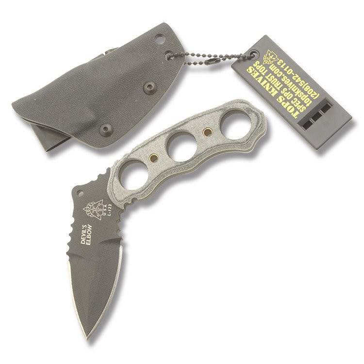 TOPS Devils Elbow XL Karambit 2.13in Double Edge Plain Black Spear Point with Sheath