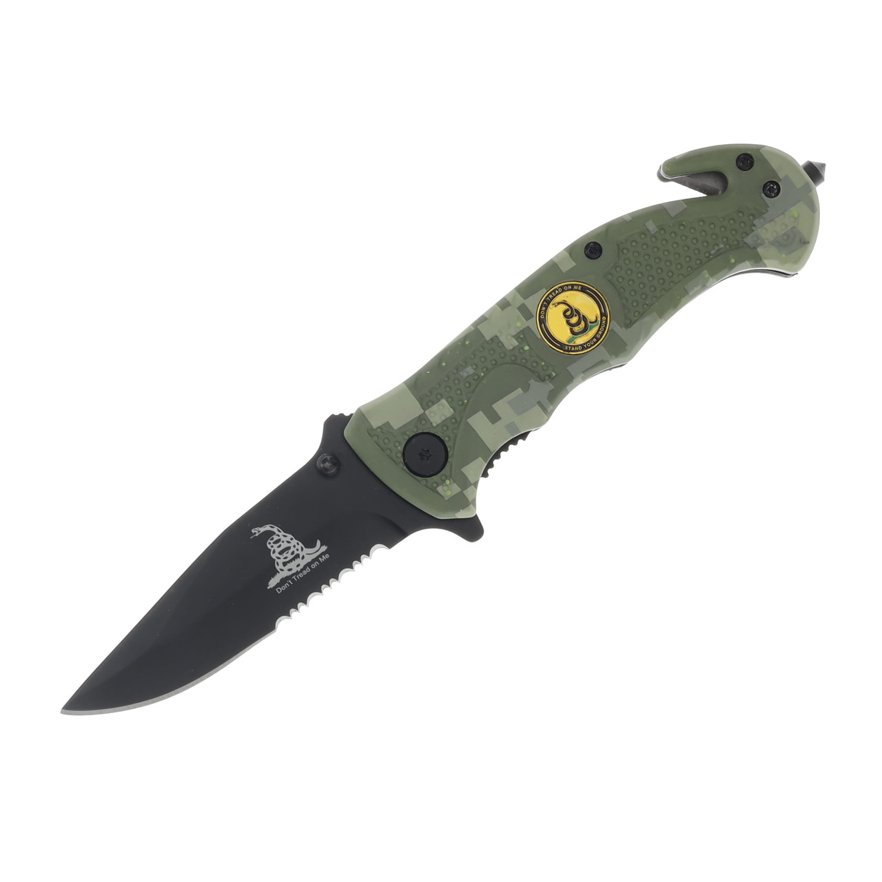 Camo Don’t Tread On Me Linerlock Rescue Knife 3.75in Black PS Clip Point Blade 300244CM