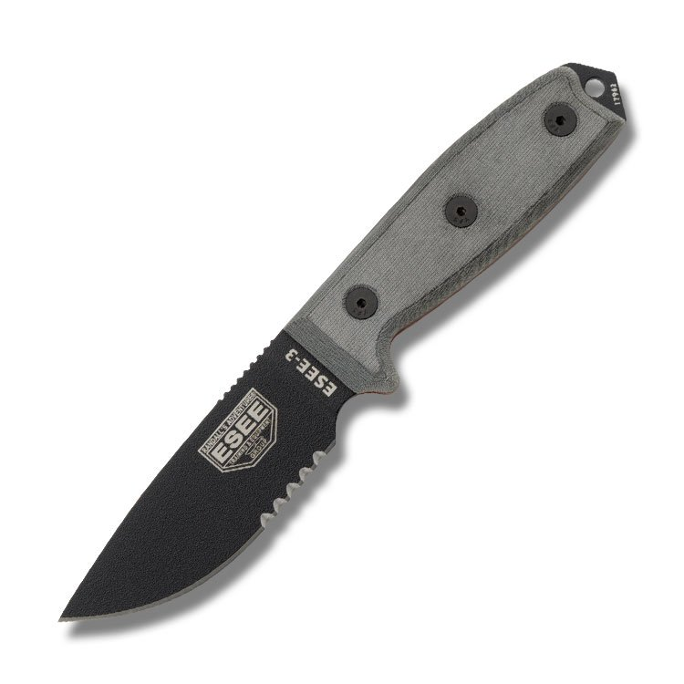 ESEE 3S Fixed Blade Knife Black Partially Serrated Coyote Brown Sheath ESEE3S