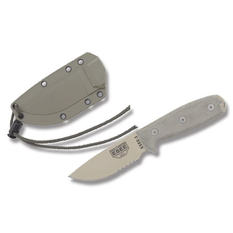 ESEE 3SM Fixed Blade Knife 3.88 Partially Serrated Micarta Desert Tan
