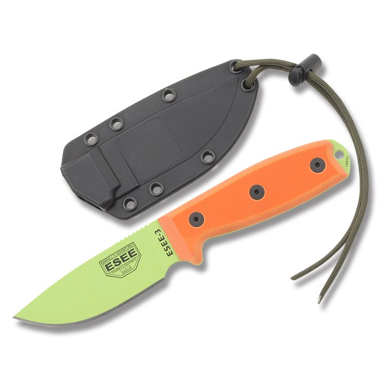 ESEE 3PM VG Fixed Blade Knife 3.88in Plain Blaze Orange G10 Venom Green