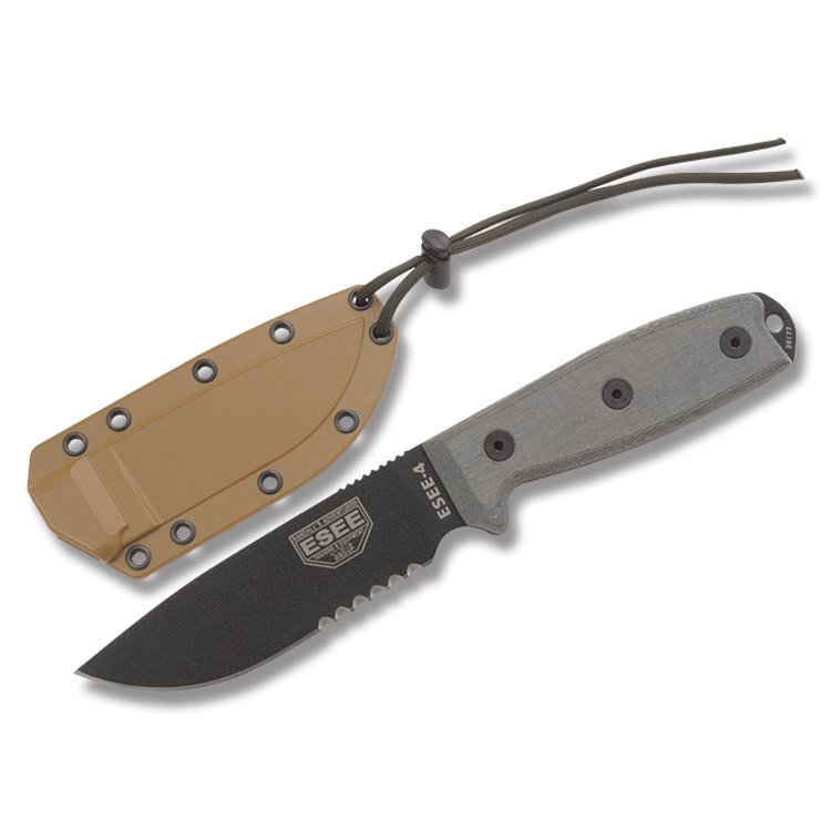 ESEE 4S Fixed Blade Knife 4.5in Partially Serrated Gray Micarta