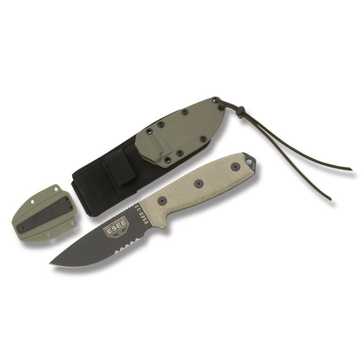 ESEE 3MIL S Fixed Blade Knife 3.88in  Partially Serrated OD Green Micarta