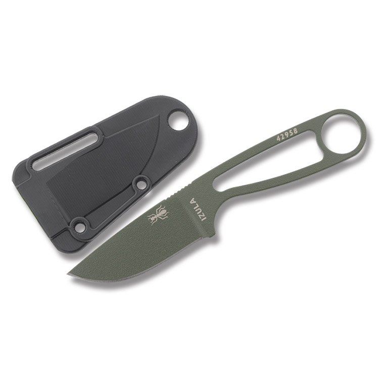ESEE Izula OD Green 2.63 In 1095 Carbon Steel Drop Point. knife out of sheath