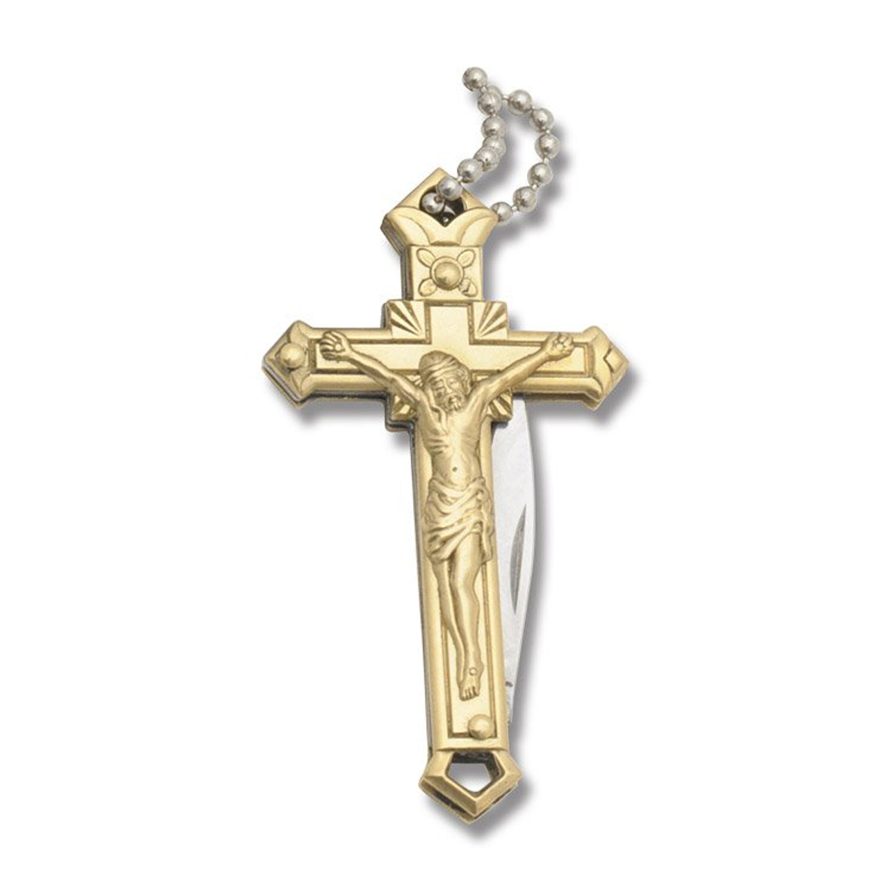 Rough Ryder Brass Crucifix Necklace Folding Knife