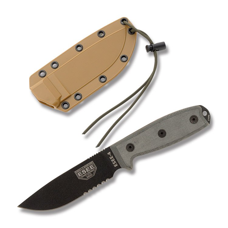 ESEE 4S MB Fixed Blade Knife 4.5in Partially Serrated Gray Micarta