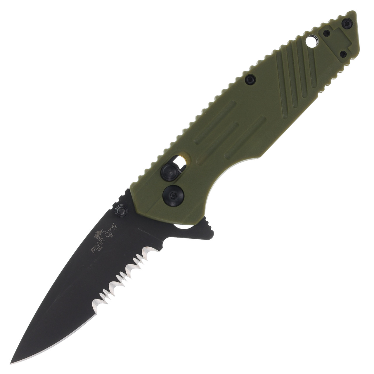 Bear & Son Rancor IX OD Green 2.75 Inch Part Serr Black Drop Point Open