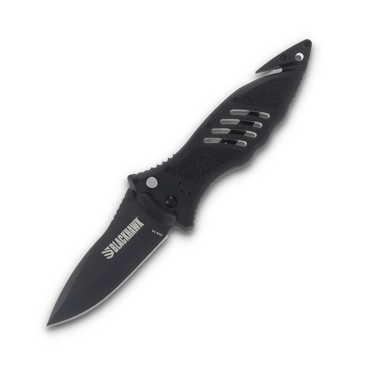 Blackhawk CQD Large Button Lock Knife 3.75in Black Drop Point Blade