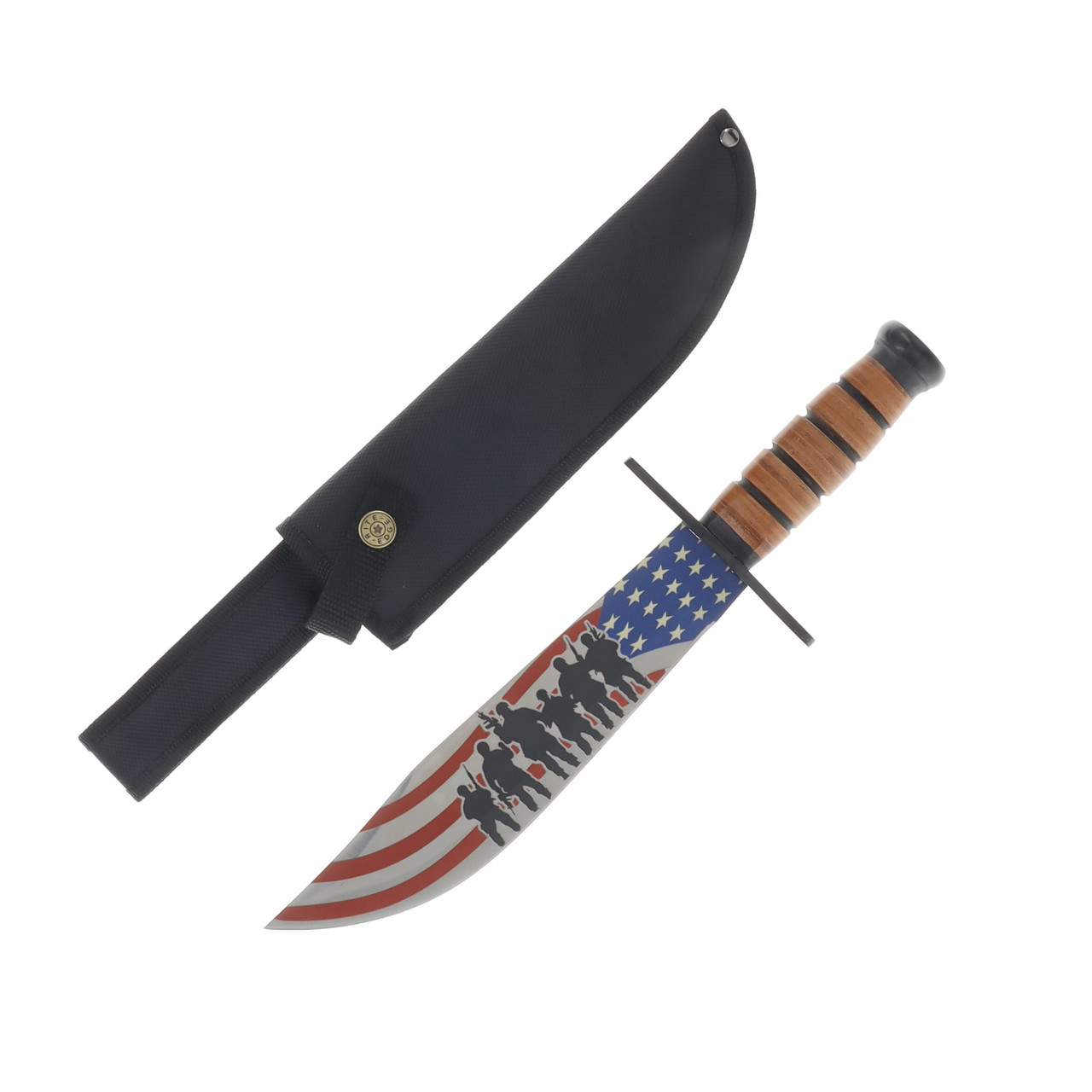 Szco Flag and Soldiers Bowie Leather 9.25 Inch Plain Multi Clip Point 211573