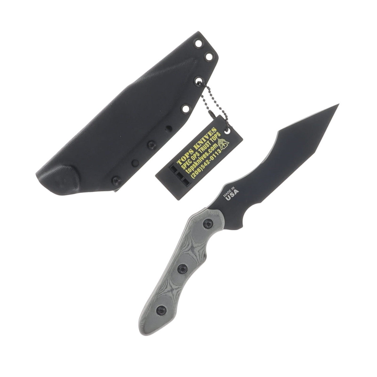 TOPS HKT Fixed Blade Knife 4 Inch Plain Black Reverse Modified Tanto TPHKT01
