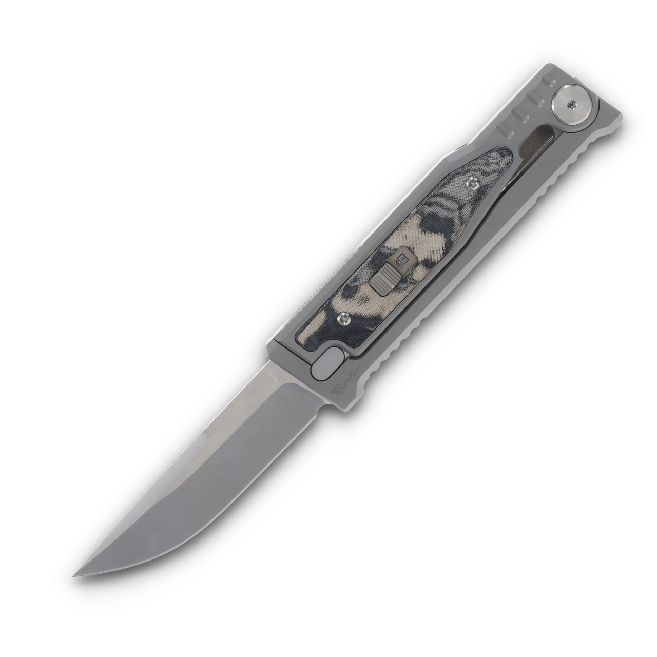 Reate Exo-M Safety Lock Gravity Knife Elmax Drop Point GreenBlack Burl Linen Micarta