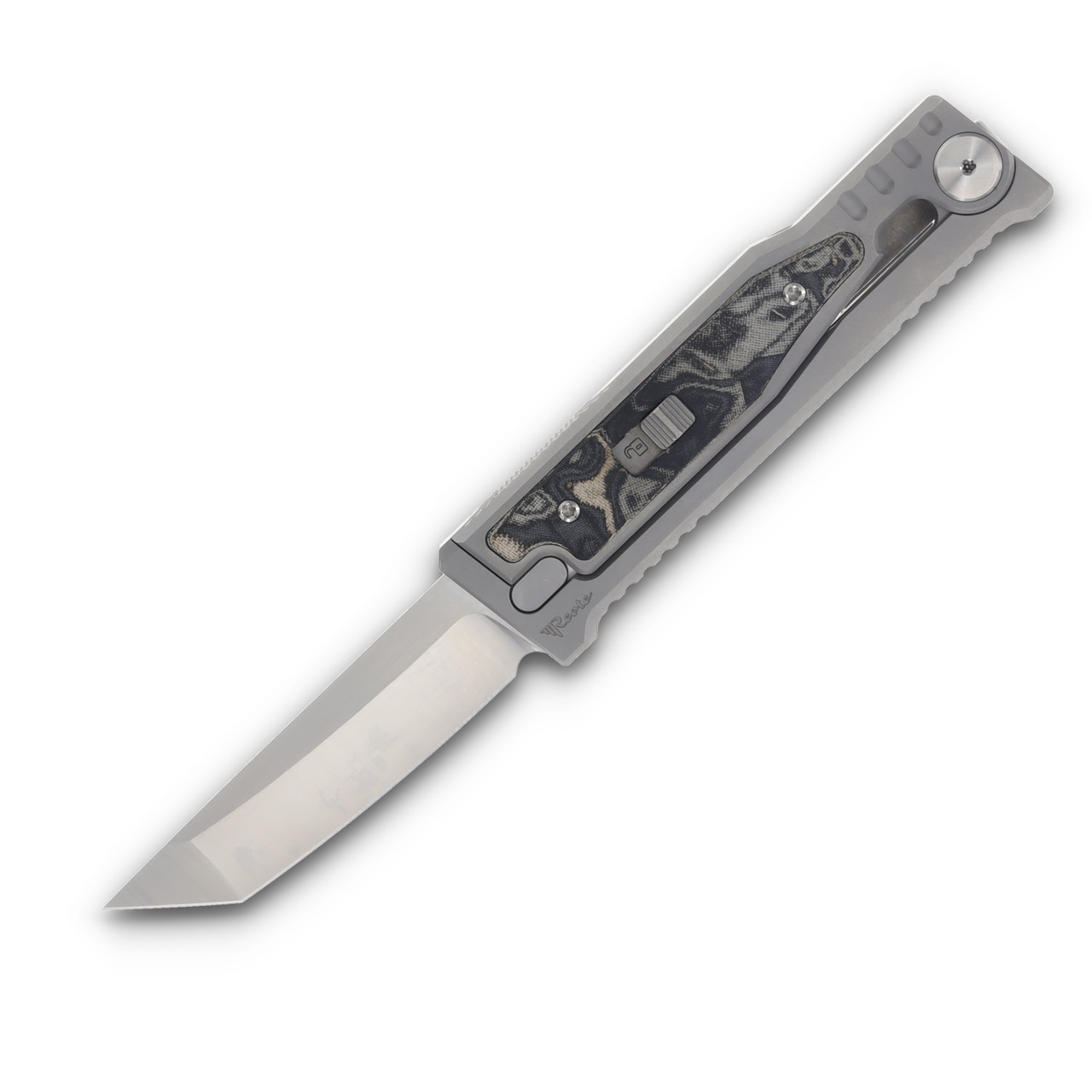 Reate Exo-M Safety Lock Gravity Knife Elmax Tanto  Green Black Burl Linen Micarta