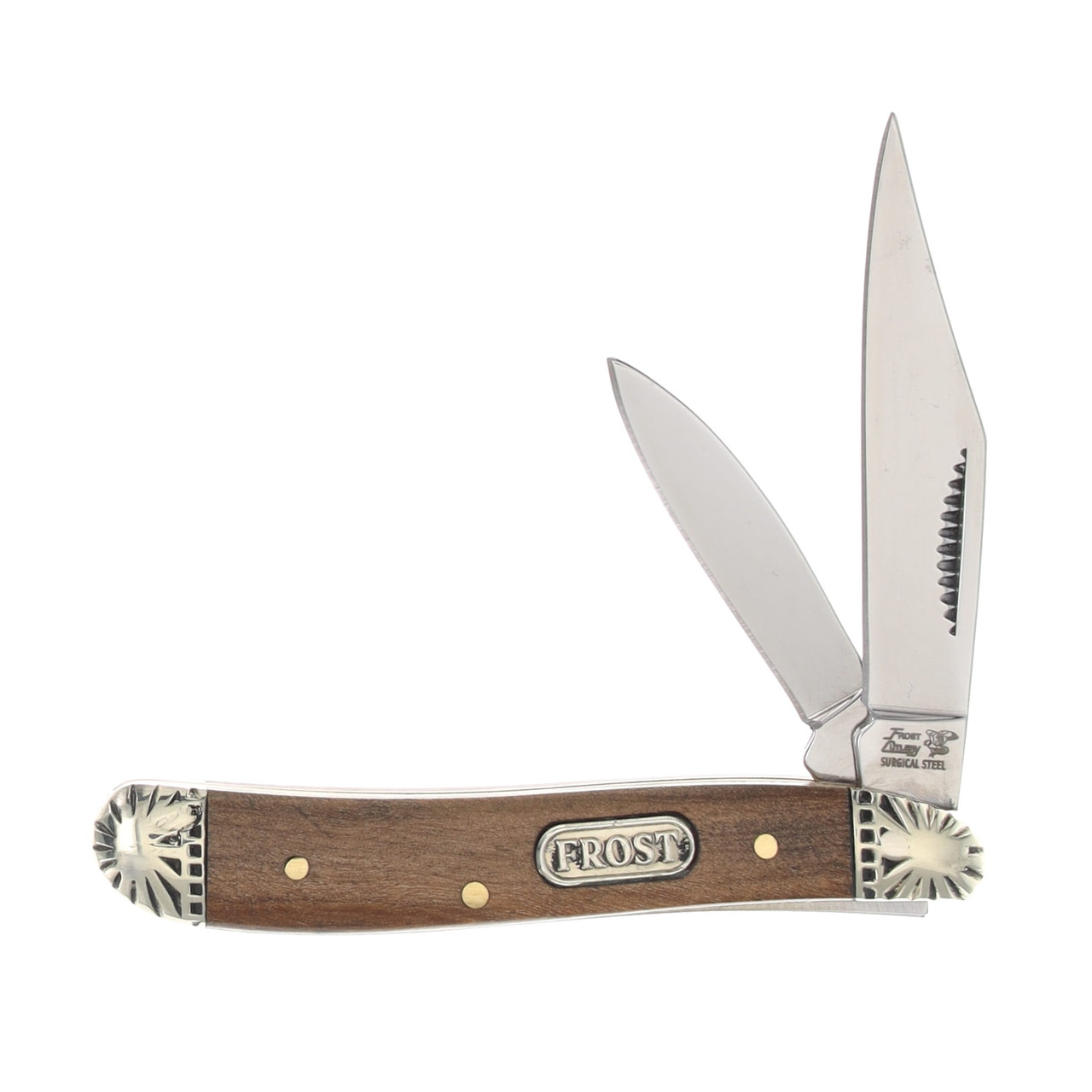 Frost Cutlery Little Peanut Folding Knife Pecan Burlwood Front Open
