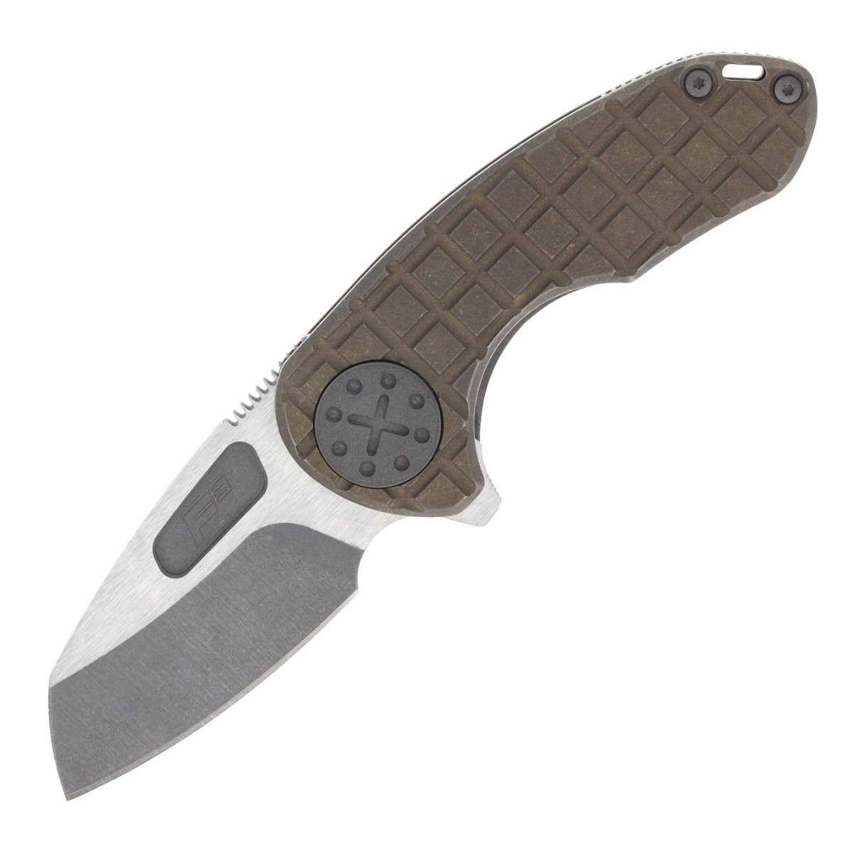 Curtiss Custom Knives F3 Compact Framelock Flipper Folding Knife (Magnacut Wharny, Frag-Patterned Bronze Titanium) CCKF3CWFBLUSILZB