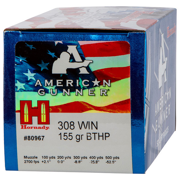 Hornady American Gunner 308 Winchester Rifle Ammo Brass Centerfire 50 Rounds 155 Grain BTHP 80967