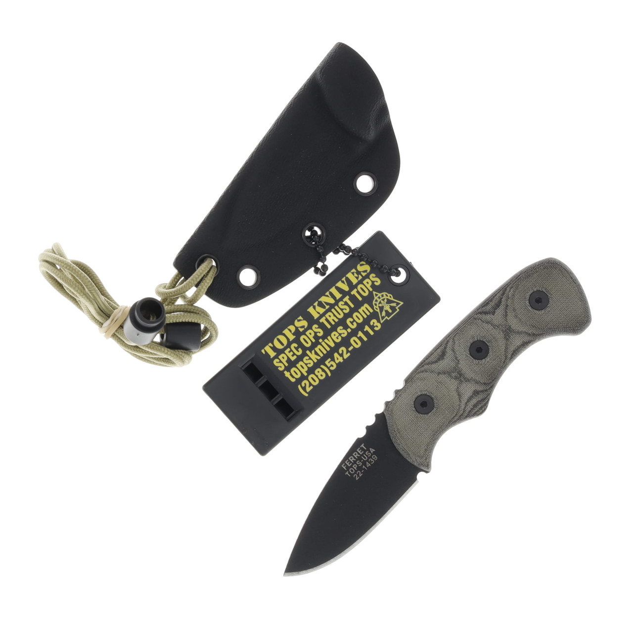 TOPS Ferret Neck Knife 1.88 Inch Plain Black Traction Spear Point TPFBHP01
