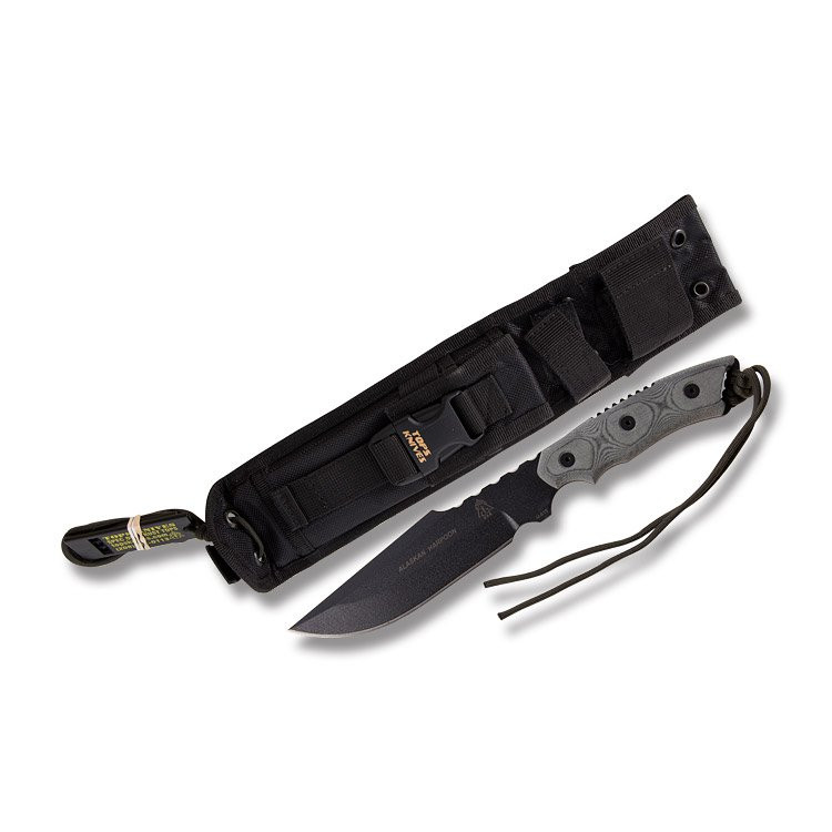 TOPS Alaskan Harpoon Fixed Blade Knife 12in Black 1095 Gray Linen Micarta