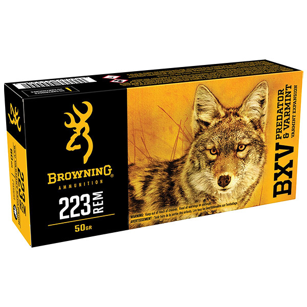 Browning BXV Predator & Varmint 223 Remington Rifle Ammunition 20 Rounds Nickel Plated Brass Centerfire 50 Grain Browning Varmint Expansion PT  