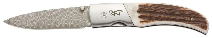 Browning Illusion Folding Knife Damascus/Stag BN3220370B