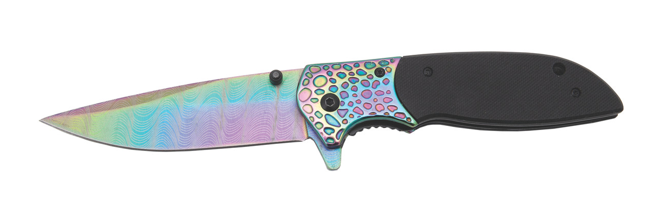 Frost Shadow Tactical Spring Assist Linerlock Folding Knife Black G-10 Handle Rainbow Blade FRFC20G10