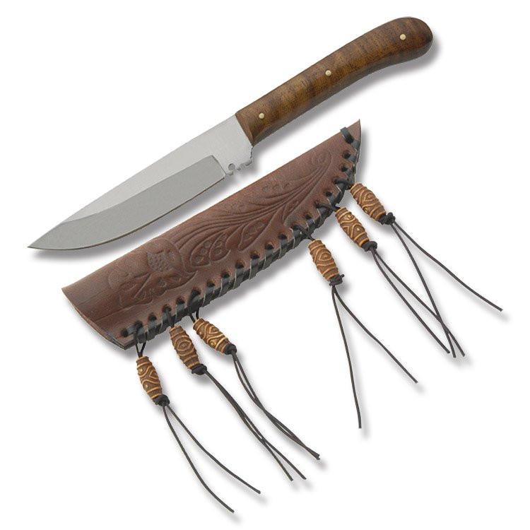 Szco Large Patch Hunter Burlwood 4.5 Inch Plain Satin Drop Point with Sheath