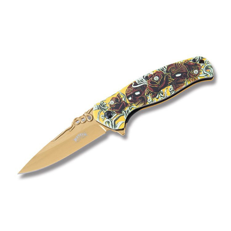 Frost Cutlery Day of the Dead Gold Assisted Opening Folding Knife