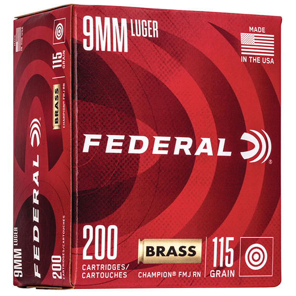 Federal Premium Champion Training 9mm Luger Handgun Ammunition Brass Centerfire 115 Grain 200 Rounds FMJ RN