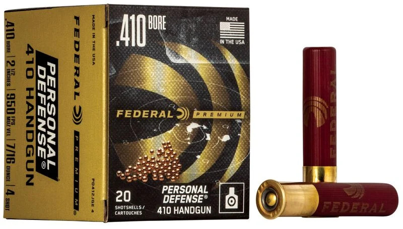 Federal Premium Personal Defense 410 Handgun 410 Bore 20 Rounds 2.50in 7/16oz 4 Shot Copper Plated Lead Buck Shot PD412JGE4