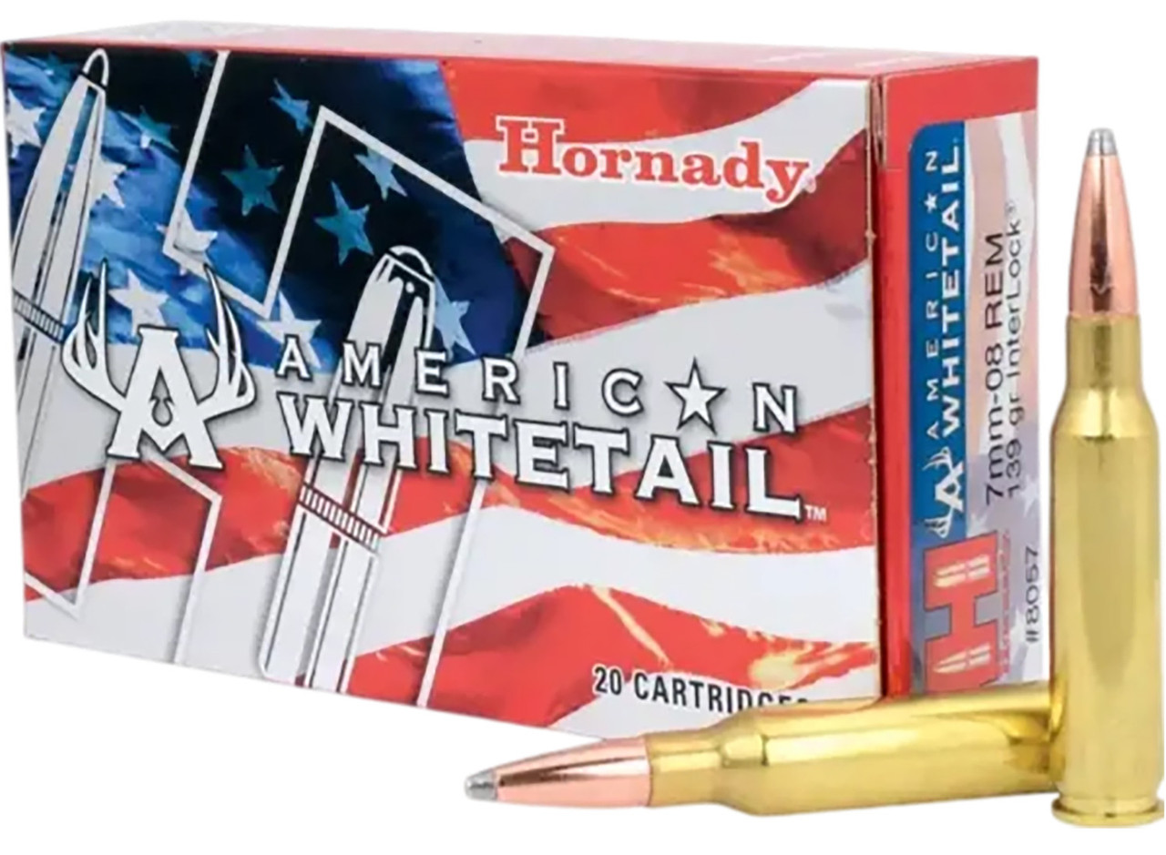 Hornady American Whitetail 7mm-08 Remington Rifle Ammunition 20 Rounds Brass Centerfire 139 Grain Interlock SP