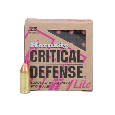 Hornady Critical Defense Lite 9mm Handgun Ammunition 25 Rounds Brass Centerfire 100 Grain FTX Pink Tip