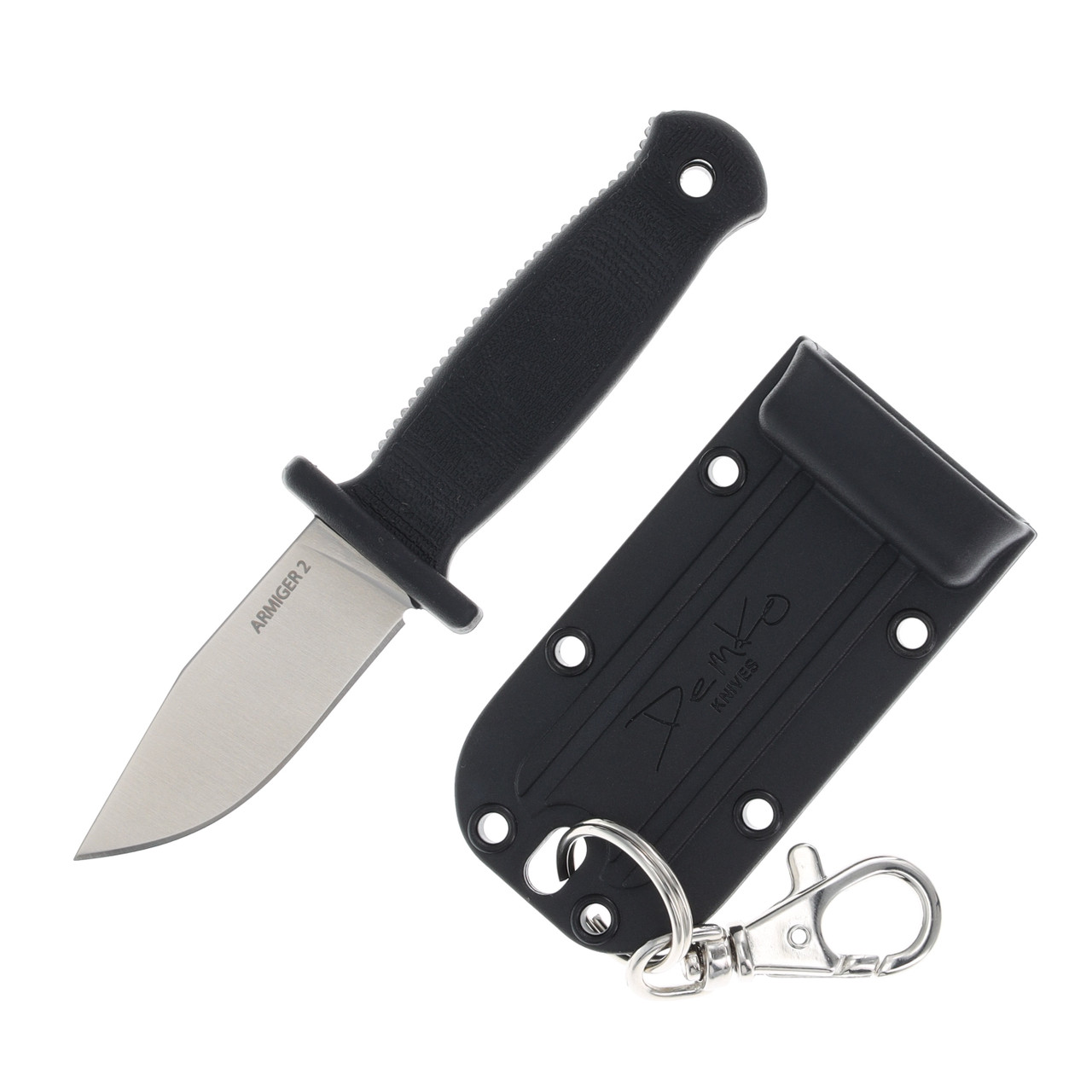 Demko Knives Armiger 2 Clip Point Keychain Fixed Blade Black TPR Satin 4034SS