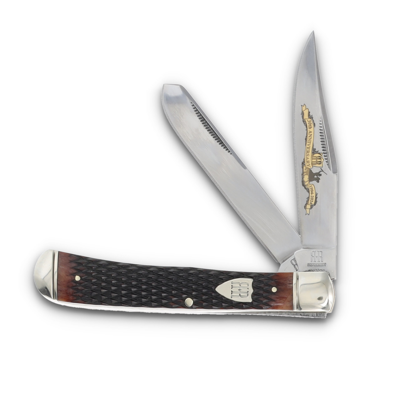Rough Ryder Trapper Folding Knife 30th Anniversary Brown Checkered Bone Front Open