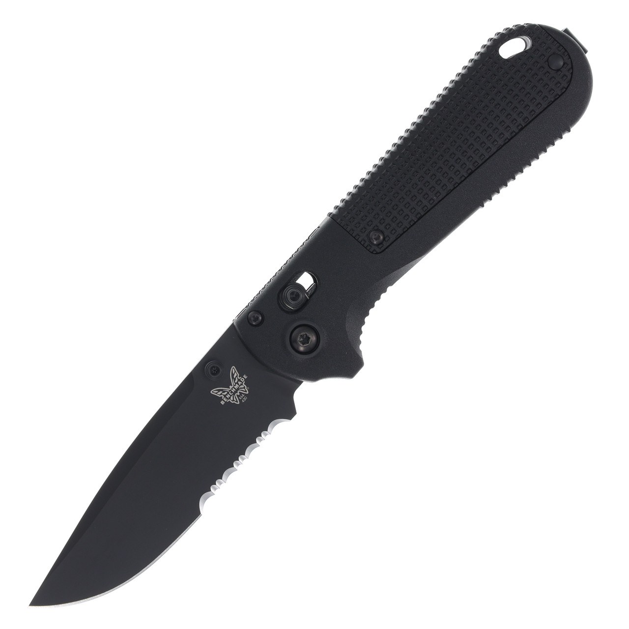 Benchmade Redoubt 3.55in Partially Serrated Black Cerakote Drop Point Front Open 1