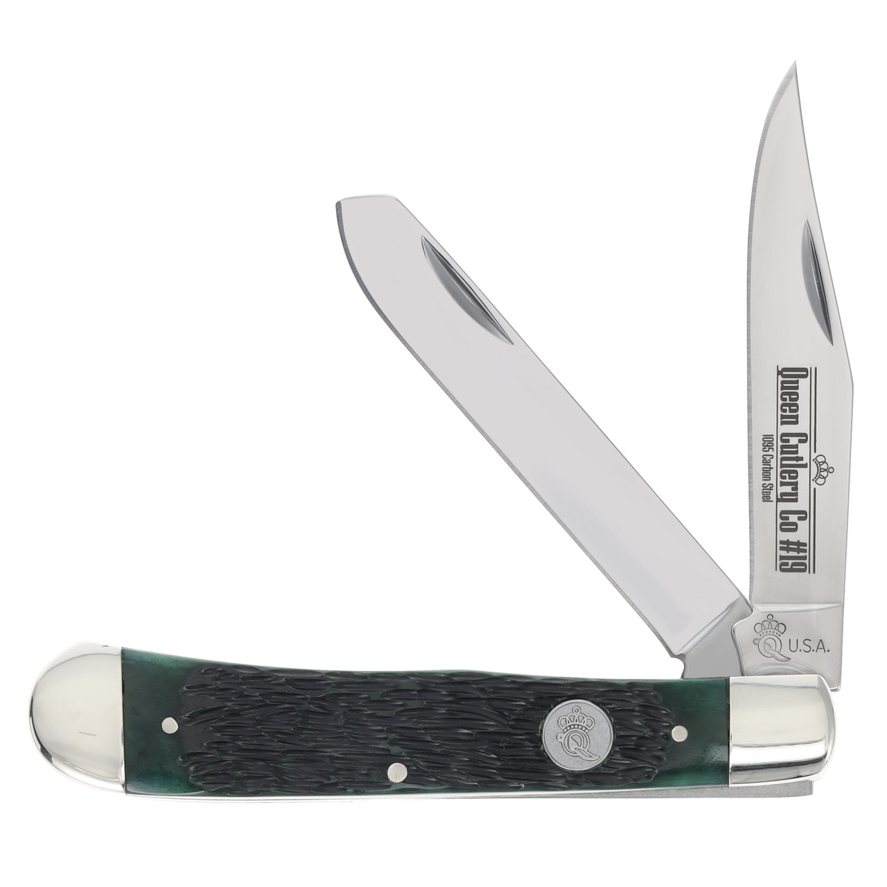 Queen Cutlery Green Jigged Bone Trapper 4.13" Closed QGPSB54