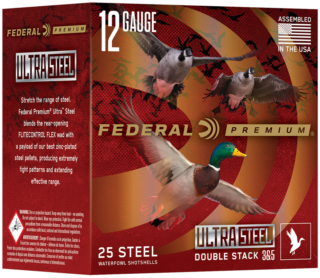 Federal Premium 12 Gauge Shotshell 25 Rounds 3in 1-1/4oz Ultra Steel Double Stack #3 & #5 Zinc Plated Steel Birdshot 