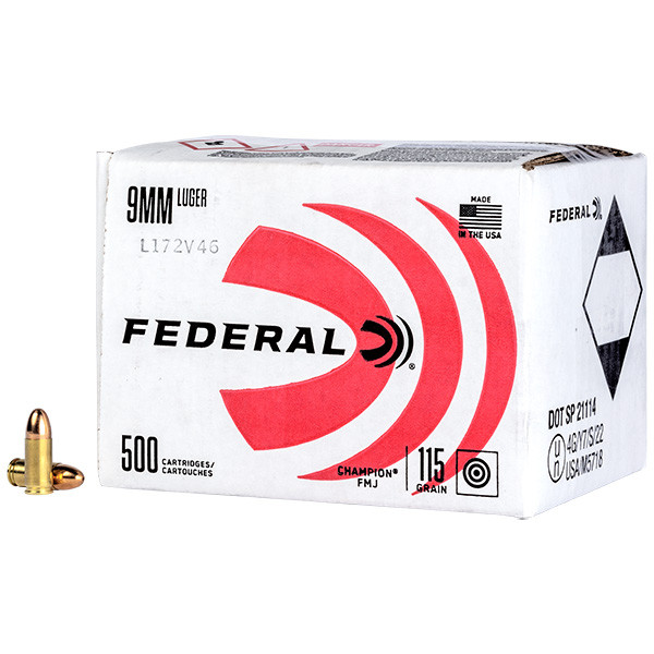Federal Champion 9mm Luger Handgun Ammunition 500 Round Bulk Pack Brass Centerfire 115 Grain FMJ